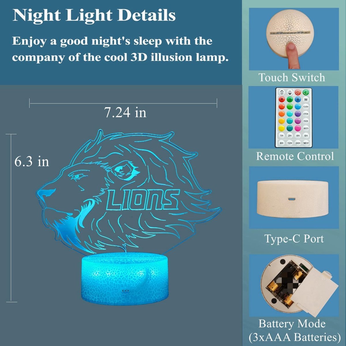 Night Light for Kids - 3D - Baby Night Light - 16 Color Changes - With Remote Control and Timer - RGB Flashing Mode - Bedroom Table Lamp - Lion Light โ image 2
