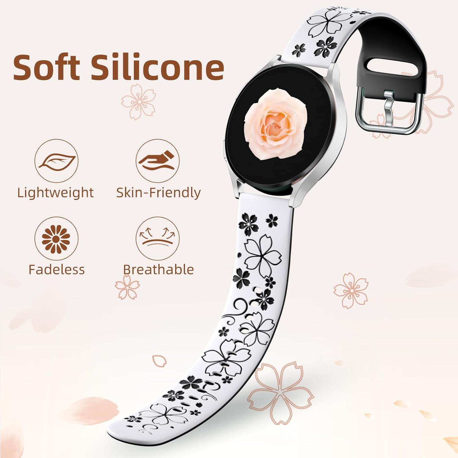 Floral Engraved Band-Compatible with Samsung Galaxy Watch 7 Band 6 4 5 40mm 44mm/5 Pro/6 4 Classic/Active 2, 20mm Cute Two-Tone Flower Soft Silicone Sport — image 5