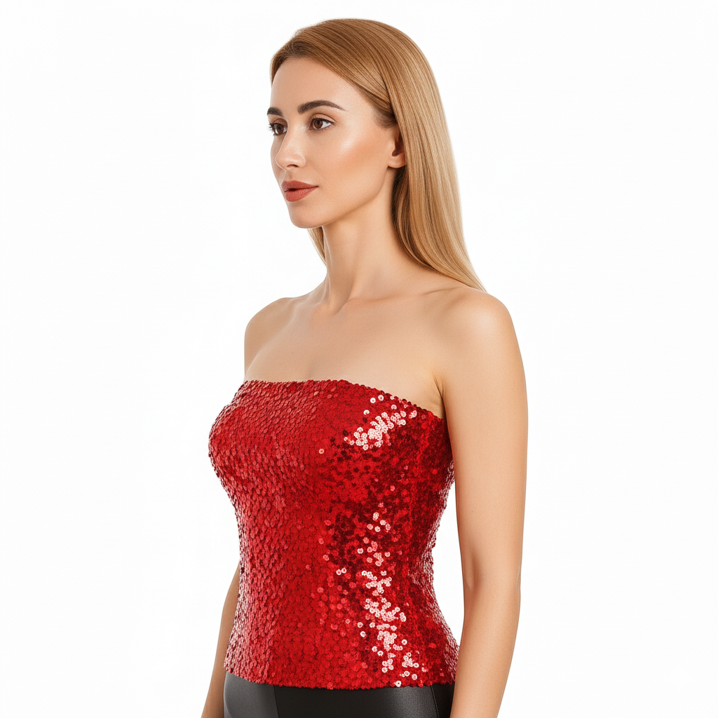 Womens SEQUIN BANDEAU CROP TOP Sparkling Sparkly Costume Tube - Red — image 3