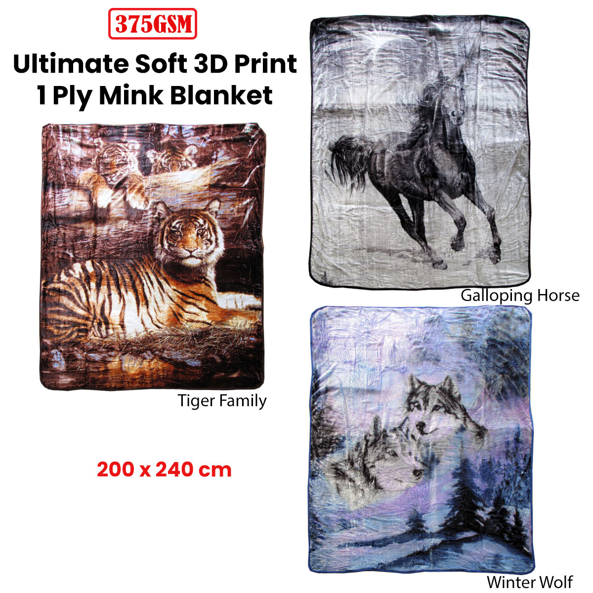 375gsm 1 Ply 3D Print Faux Mink Blanket Queen 200x240 cm Tiger Family โ image 3