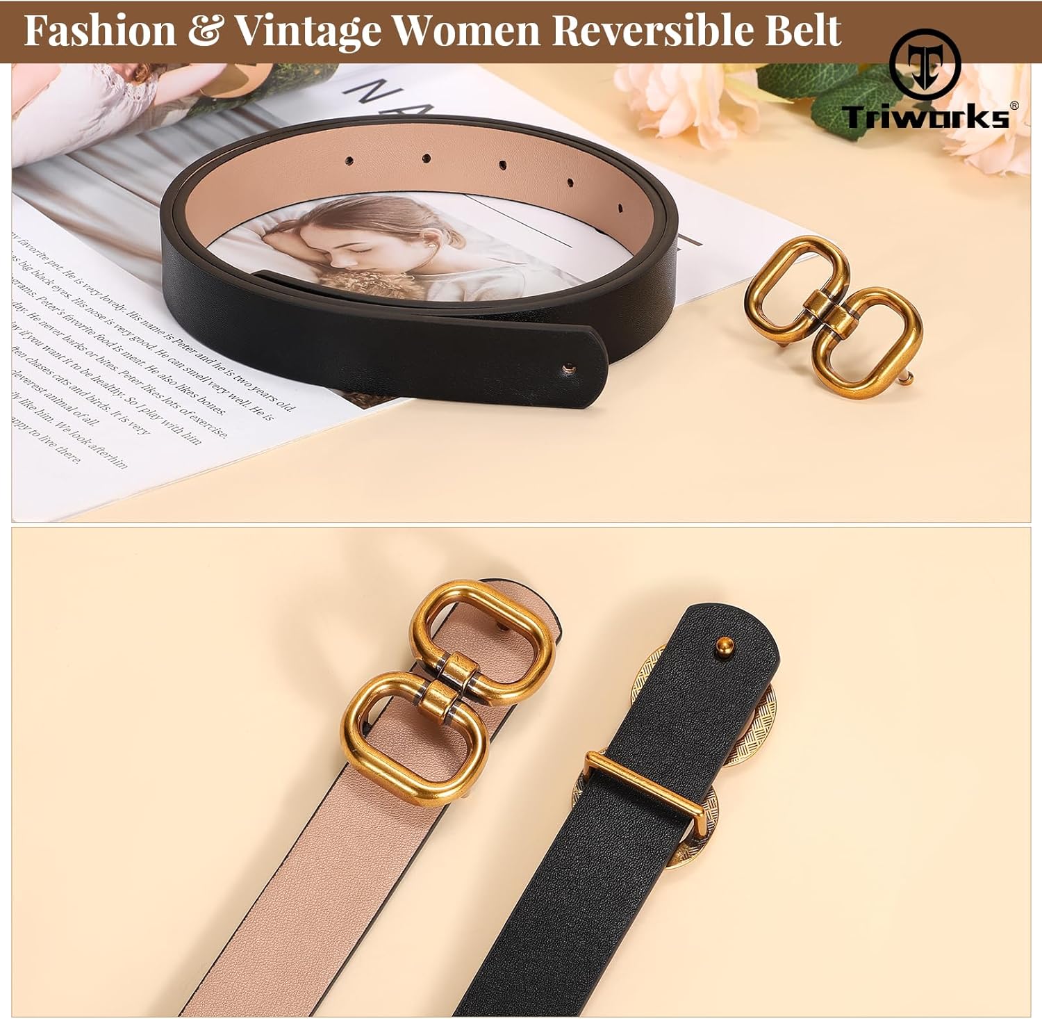 Reversible Leather Belt for Women with Gold Buckle Ladies Leather Belt for Jeans Pants โ image 4