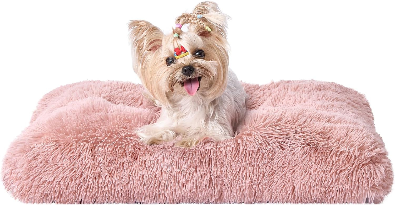 Luxury Long Plush Pet Bed Mat Faux Fur Crate Pad 65 × 50cm Pink Soft Warm Cushion for Medium Dogs