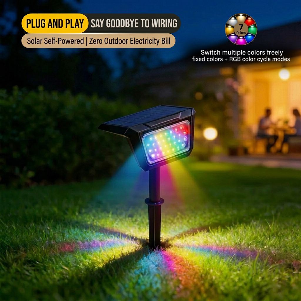 Solar Powered Outdoor RGB Landscape Spotlight with 7 Fixed Colors and Auto On/Off, IP65 Waterproof Multi-Color Accent Light for Garden, Pathway