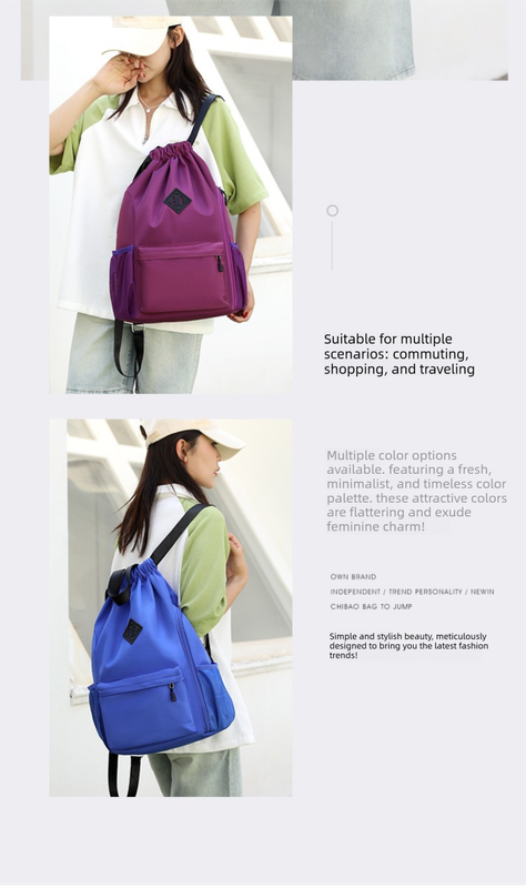 Large Drawstring Backpack Waterproof Gym Bag Lightweight Sports Sackpack with Zipper Pockets for Travel and Swimming Gray — image 4
