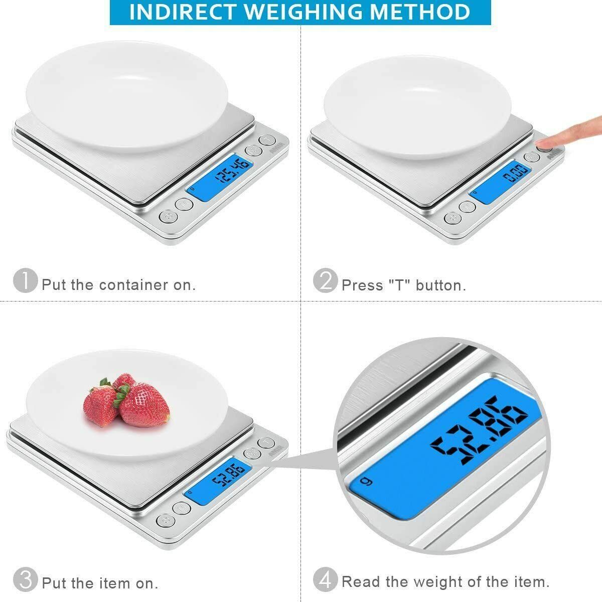Digital Kitchen Scale 3000g x 0.1g Jewelry Gold Silver Coin Gram Pocket Size Herb Grain for Food, Cooking,with 2 Trays — image 4