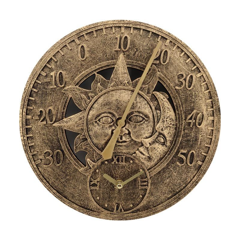 Garden Thermometer Clock Outdoor Vintage Wall Station Clock Decorative Retro Hanging Clock Sun Moon Pattern Waterproof