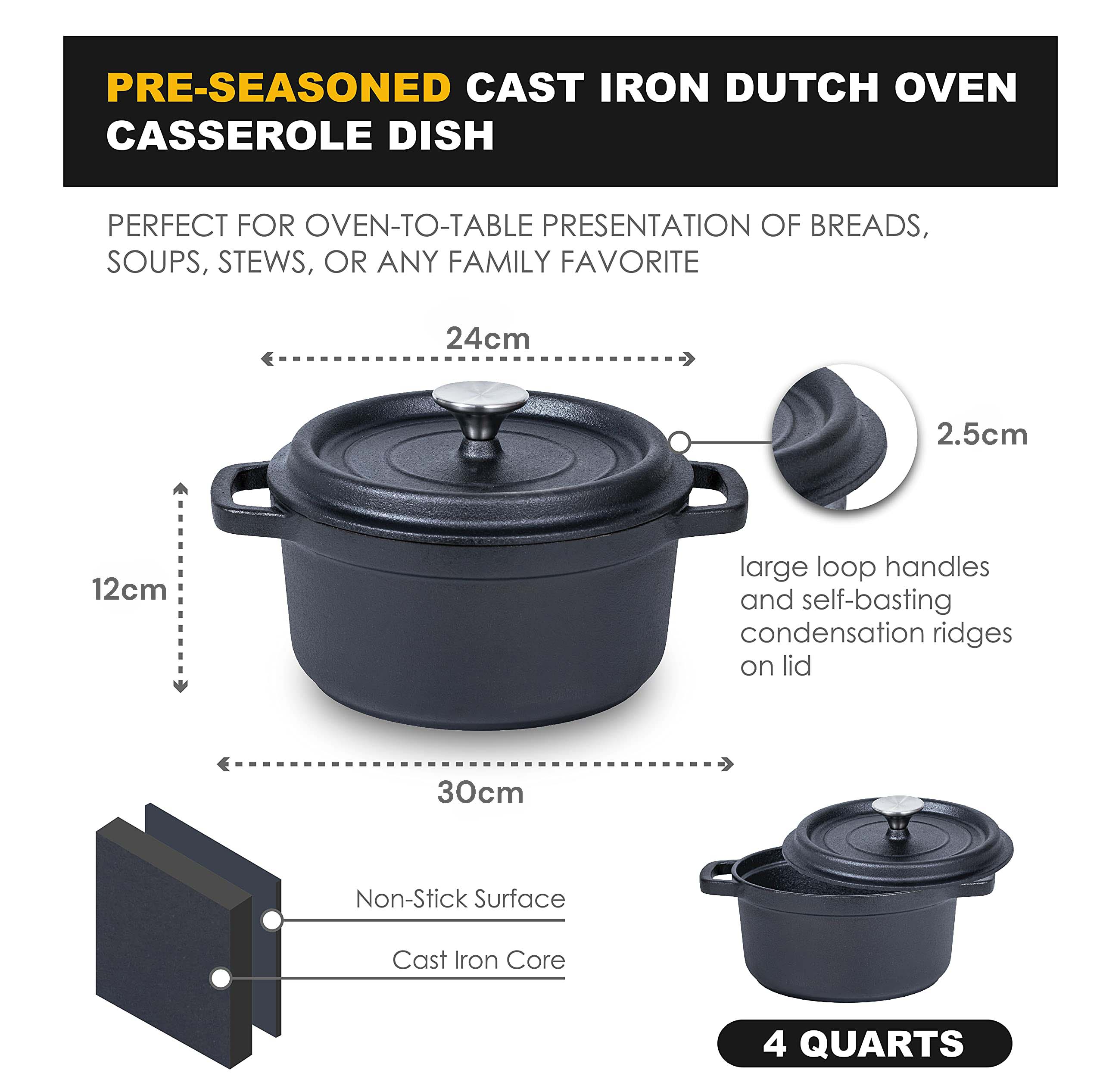 24cm Pre-seasoned NonStick Cast Iron Dutch Oven Handles Lid Skillet Cookware Braising Pot Pan Casserole โ image 3