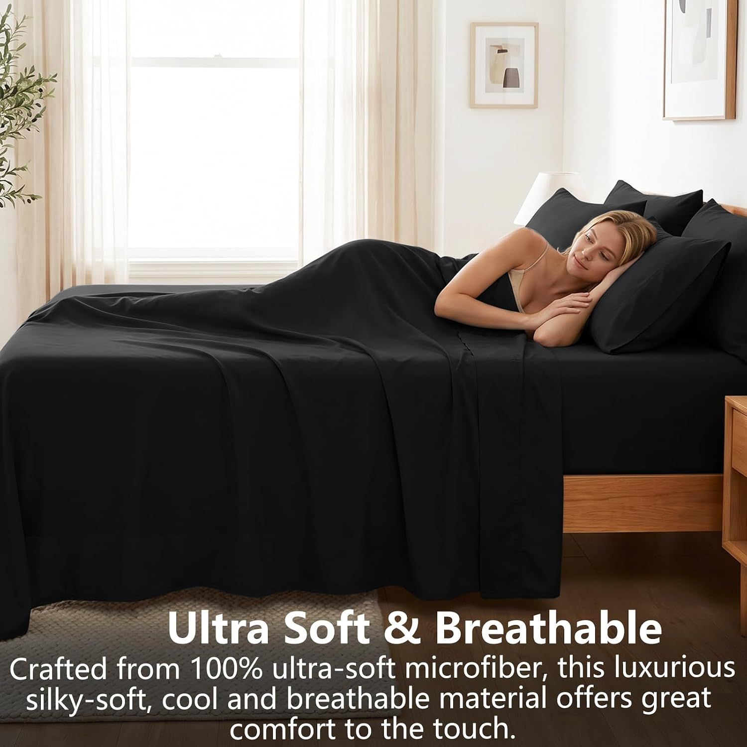 Hotel Soft Bed Sheet Set- Bedding Sheets & Pillowcases -Breathable Bedding - Wrinkle, Fade, Stain Resistant-Deep Pocket Flat Fitted Bed Sheet Set(Black,King — image 3