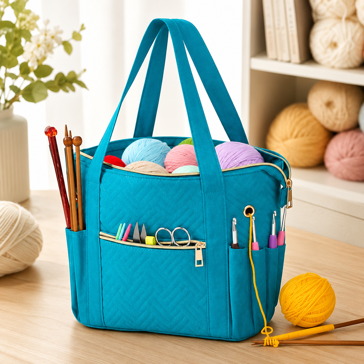 Crochet Bag Organizer for Yarn Storage, Velvet Knitting Tote Bag with Double Handle for Crochet Accessories, Portable Travel Case for Yarn Balls, Crochet