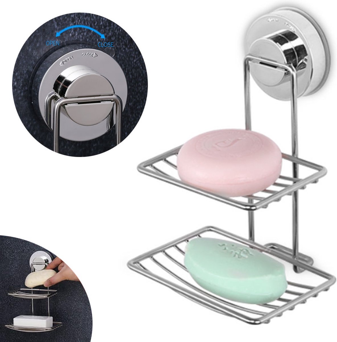 Soap Holder - Double-Layer Soap Rack - Stainless Steel - High Load Capacity - Powerful Suction Cup - Soap Dish - Hanging Soap Rack - Shower /