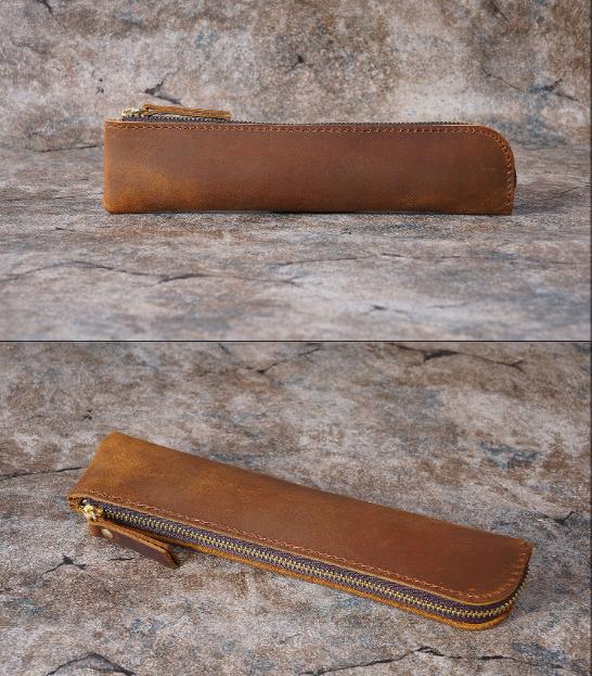 Coffee Vintage Crazy Horse Leather Zippered Pen Case - Retro Pencil Pouch & Small Accessories Bag — image 4