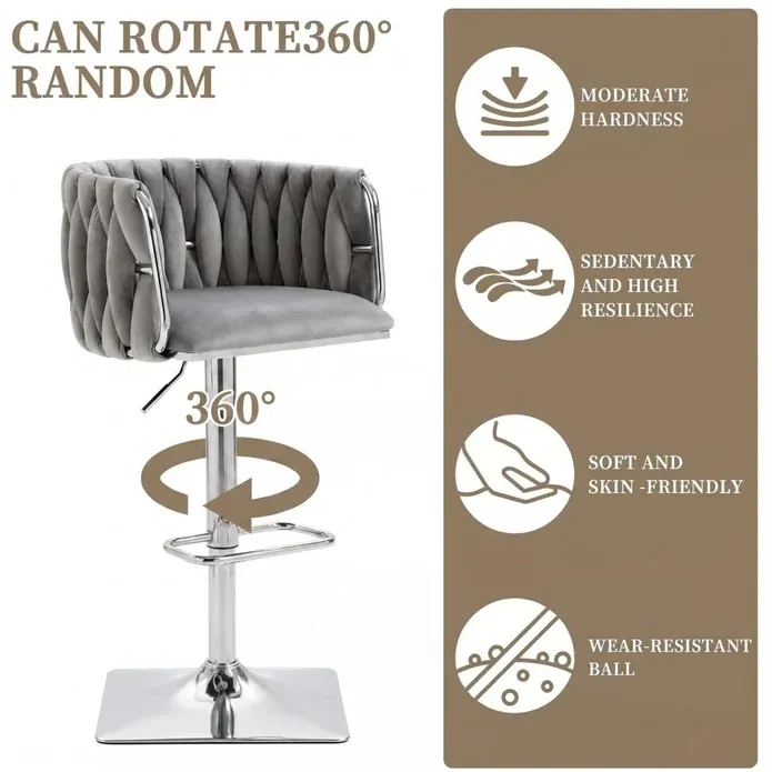 SERENITà Modern Velvet Breakfast Bar Stools Swivel Barstools Adjustable Counter Stools with Backrest (Silver-Grey) — image 3