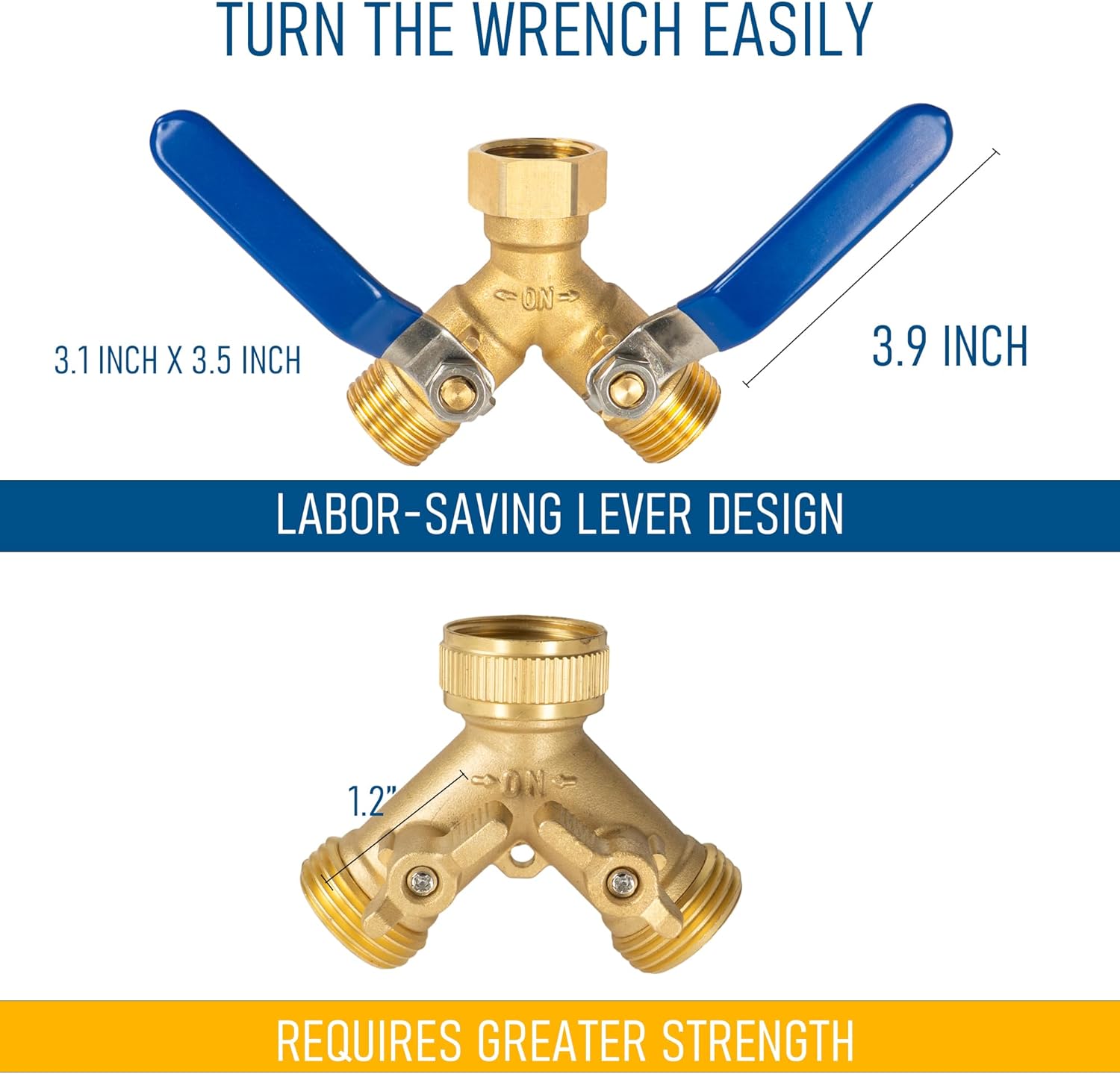 Brass Garden Hose Splitter, Y Valve Splitter with Stainless Steel Long Handle, Heavy Duty 2 Way 3/4" GHT Thread Water Garden Hose Adapter — image 2