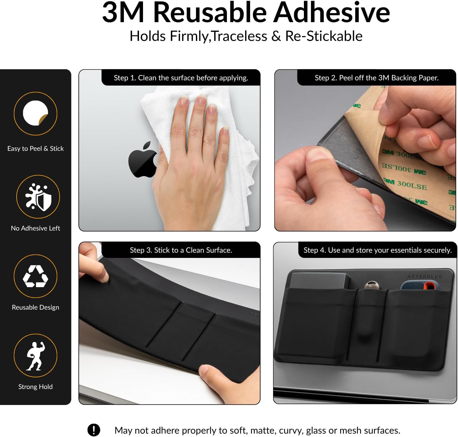 3-Pocket Storage Pouch, Adhesive Laptop Accessory Organizer, for Portable HDD, SSD, USB Drive, Mouse, Cables - Black โ image 2