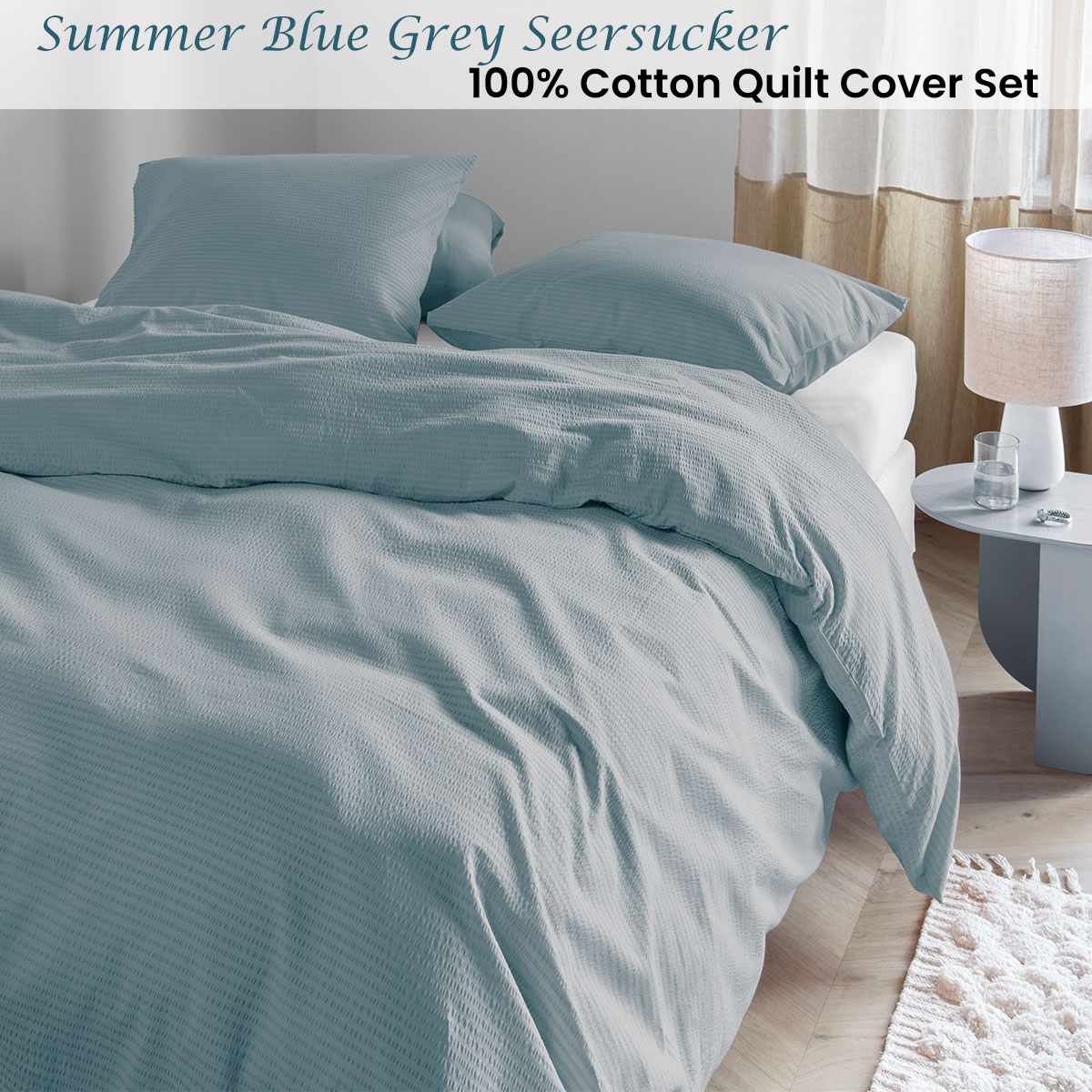 Bedding House Summer Blue Grey Seersucker Cotton Quilt Cover Set King — image 2