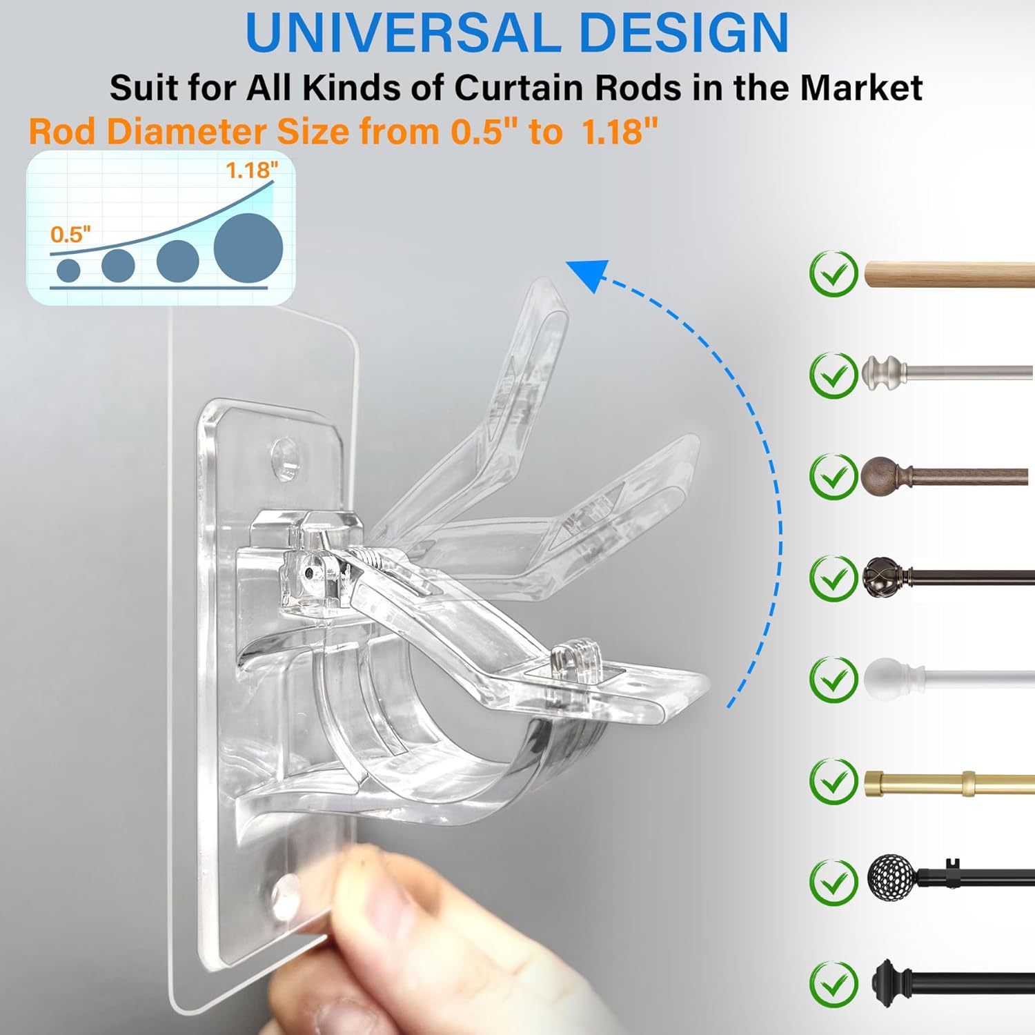 6-Pack No Drill Needed Curtain Rod Holders, Self Adhesive Rod Brackets for Smooth Walls, Multipurpose Nail-Free Stick on Curtain Rod Hooks, Screw Mount Curtain — image 2