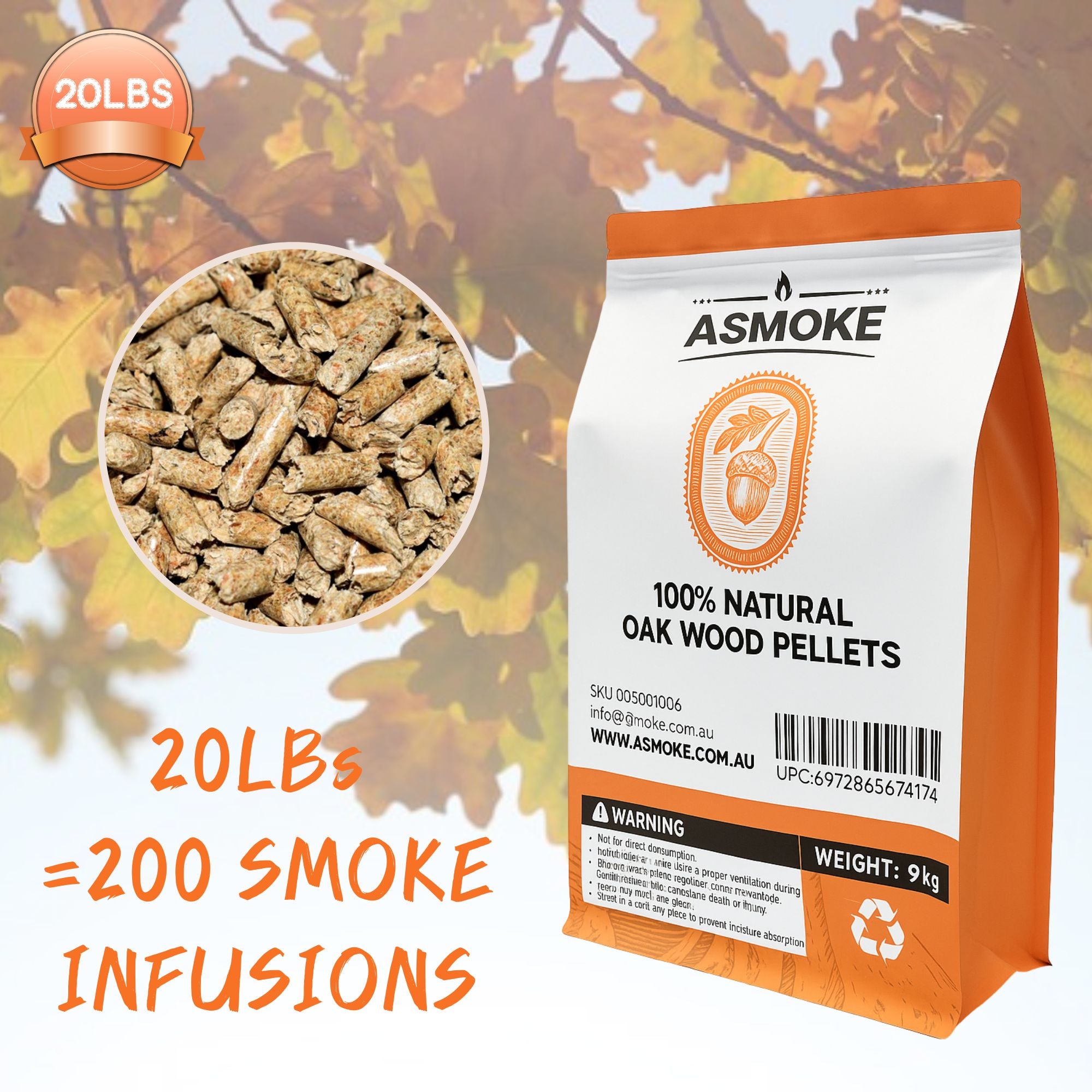 ASMOKE 100% Natural Premium Oak Wood BBQ Pellets for Smoker & Grill (9kg / 20lbs) — image 4