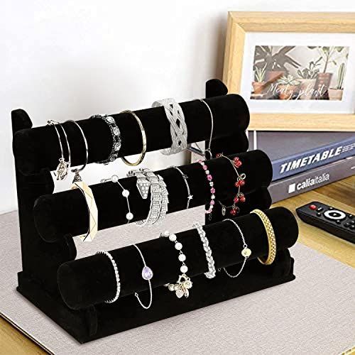 1Pack Velvet Bracelet Holder with 3 Tier Rack, Black Detachable Jewelry Display Stand T-Bar Necklace Storage Organizer for Bangles Watch Bracelets Scrunchies — image 5