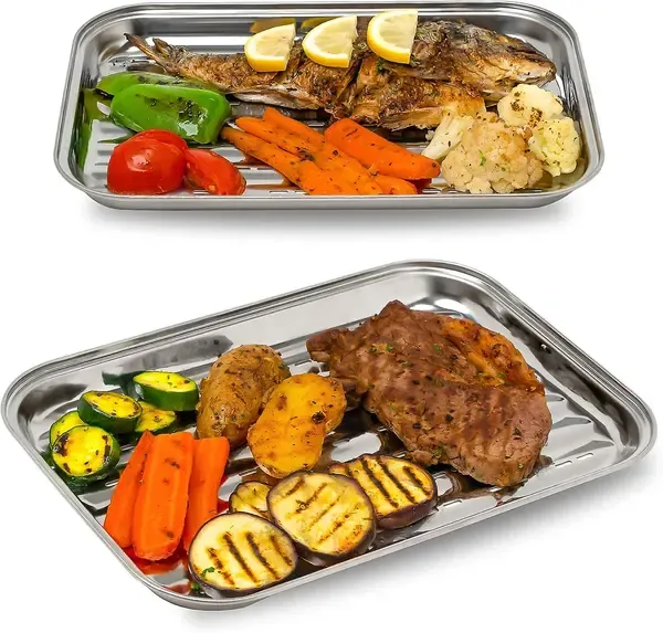 2 Pack Stainless Steel BBQ Grill Baskets, Perforated Grilling Trays for Vegetables and Meat on Charcoal, Gas and Electric Grills