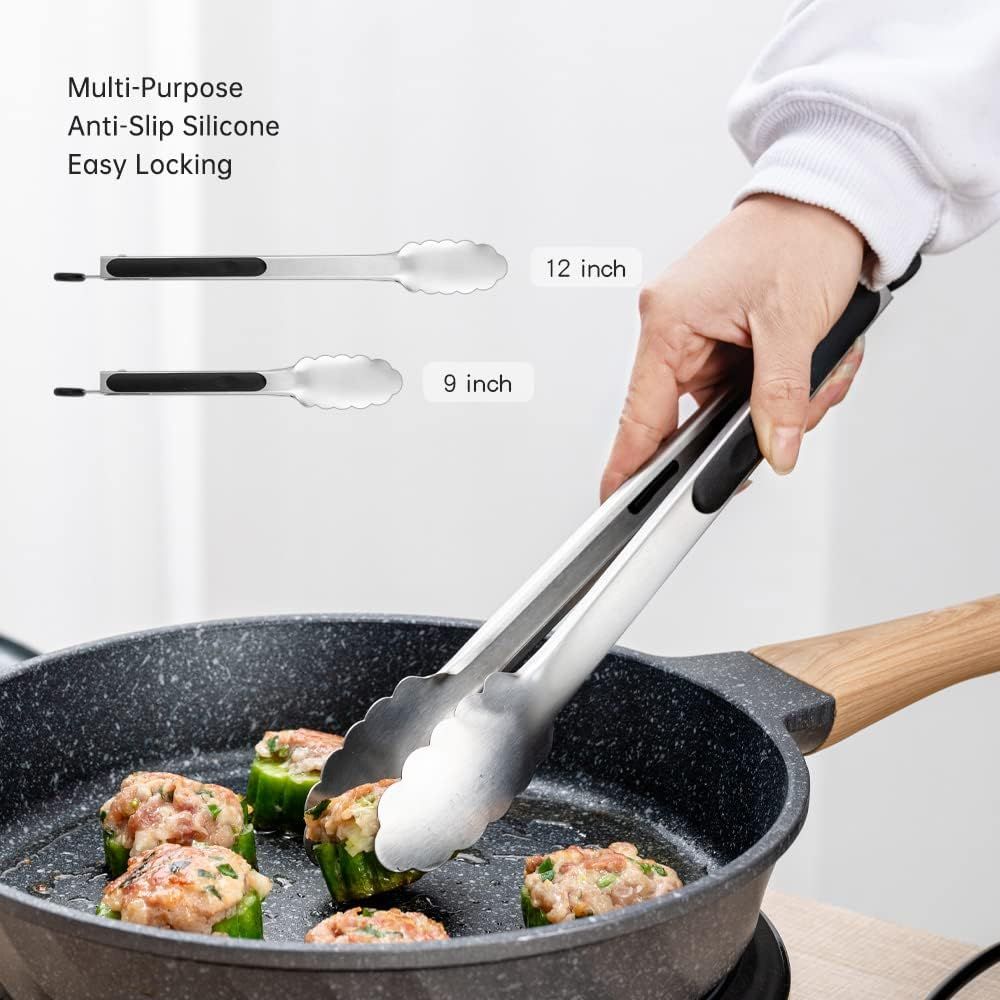 2 Pack Stainless Steel Kitchen Tongs Set (9" 12"), Non-Slip Metal Cooking & Serving Tongs with Hanging Loop (Black) — image 2