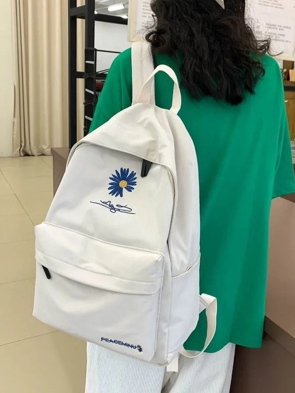 Daisy Embroidered Waterproof Backpack School Bag White Nylon Laptop Daypack for High School Uni and Travel — image 2