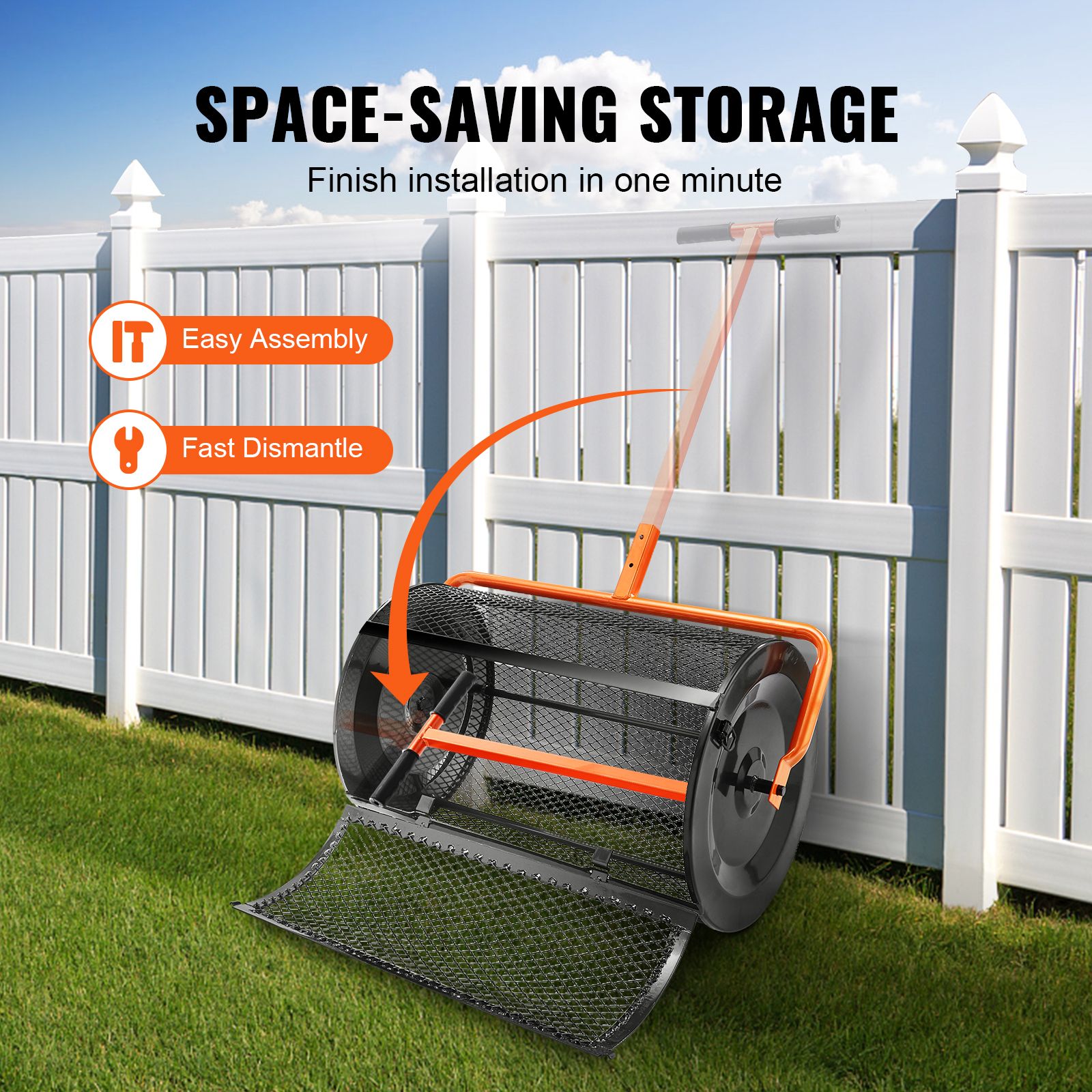 Compost Spreader, 24.4-25.6" Height Adjustable Handle, 24" Wide, Lawn and Garden Peat Moss Roller with Side Latches, Powder Coated Steel Mesh Basket for — image 6