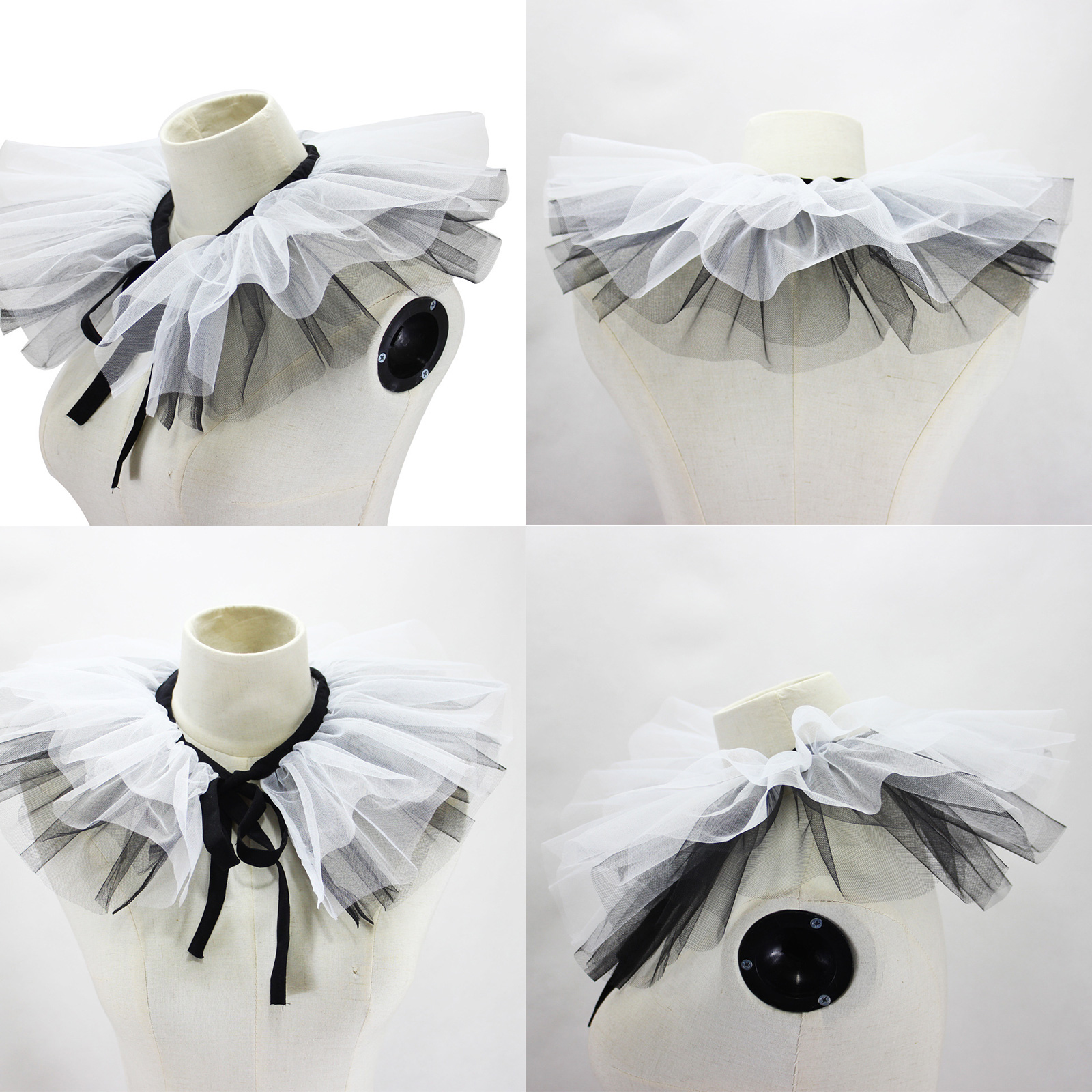 Women's Renaissance Tulle Ruffled False Collar Layered Black White Mesh Clown Choker Lace Up Victorian Neck Ruff Shawl Cosplay Props — image 4