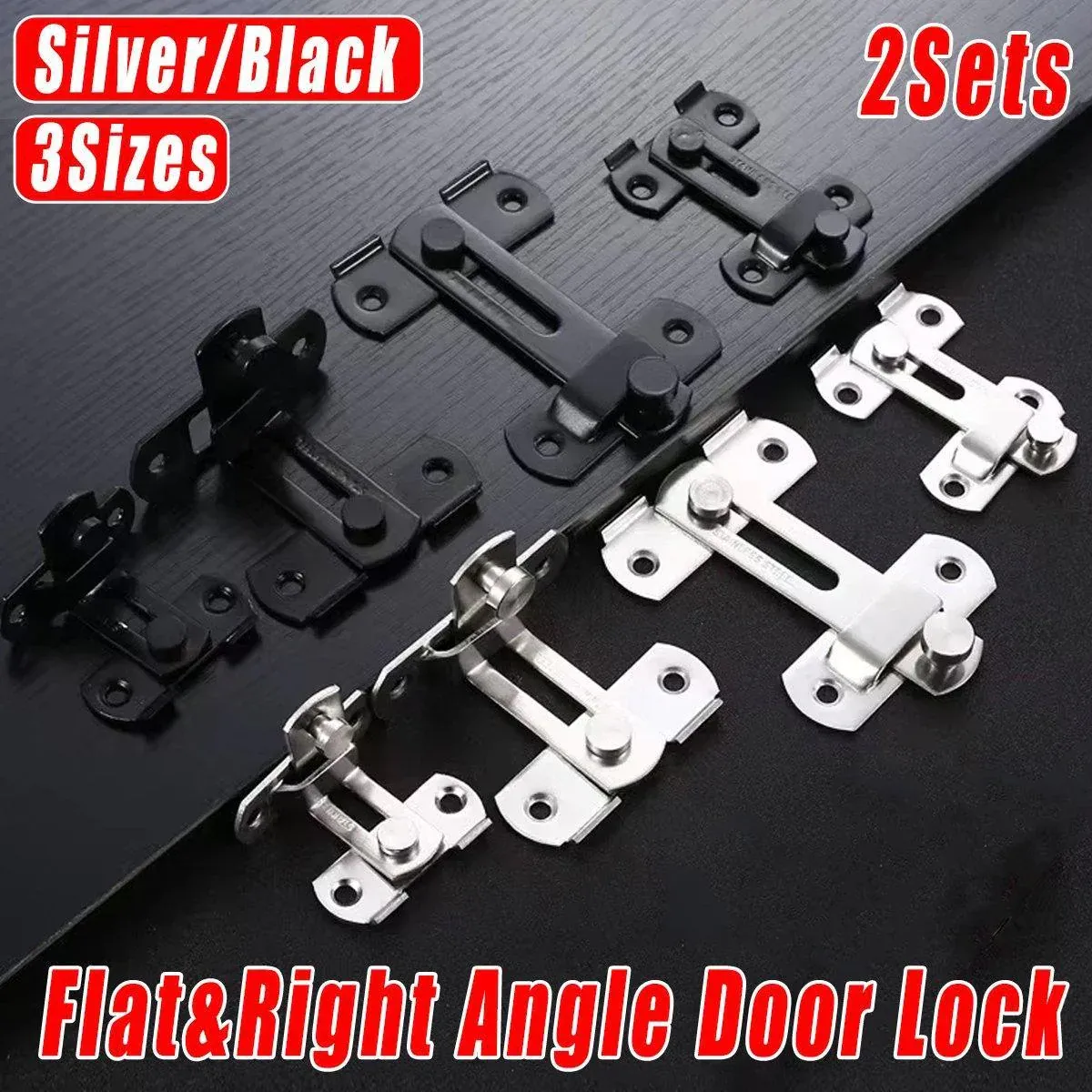 2 Sets 90 Degree Sliding Door Latch Lock Catch Kit for Home Use - Right-Angle-Silver-L — image 2