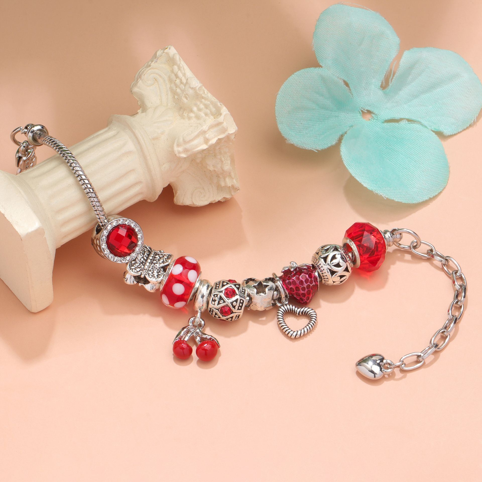 Charm Bracelet with Butterfly & Crystal Heart, Zinc Alloy(red,16cm) — image 3