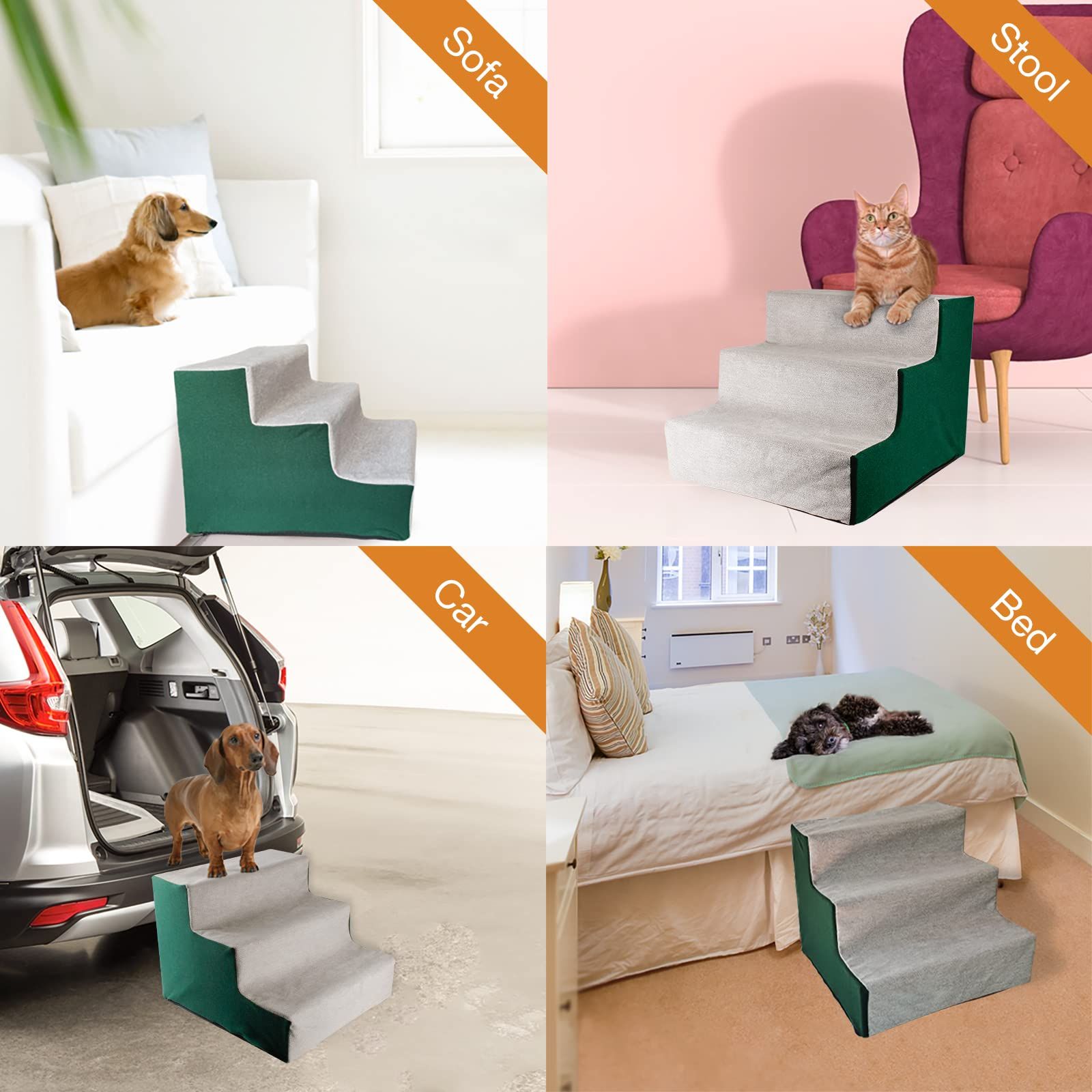 Enjoying Dog Stairs for High Bed and Couch Pet Steps for Small Dogs Short Legged Elderly Dogs Cat Ladder, Self-Assembly, Green/Grey โ image 2