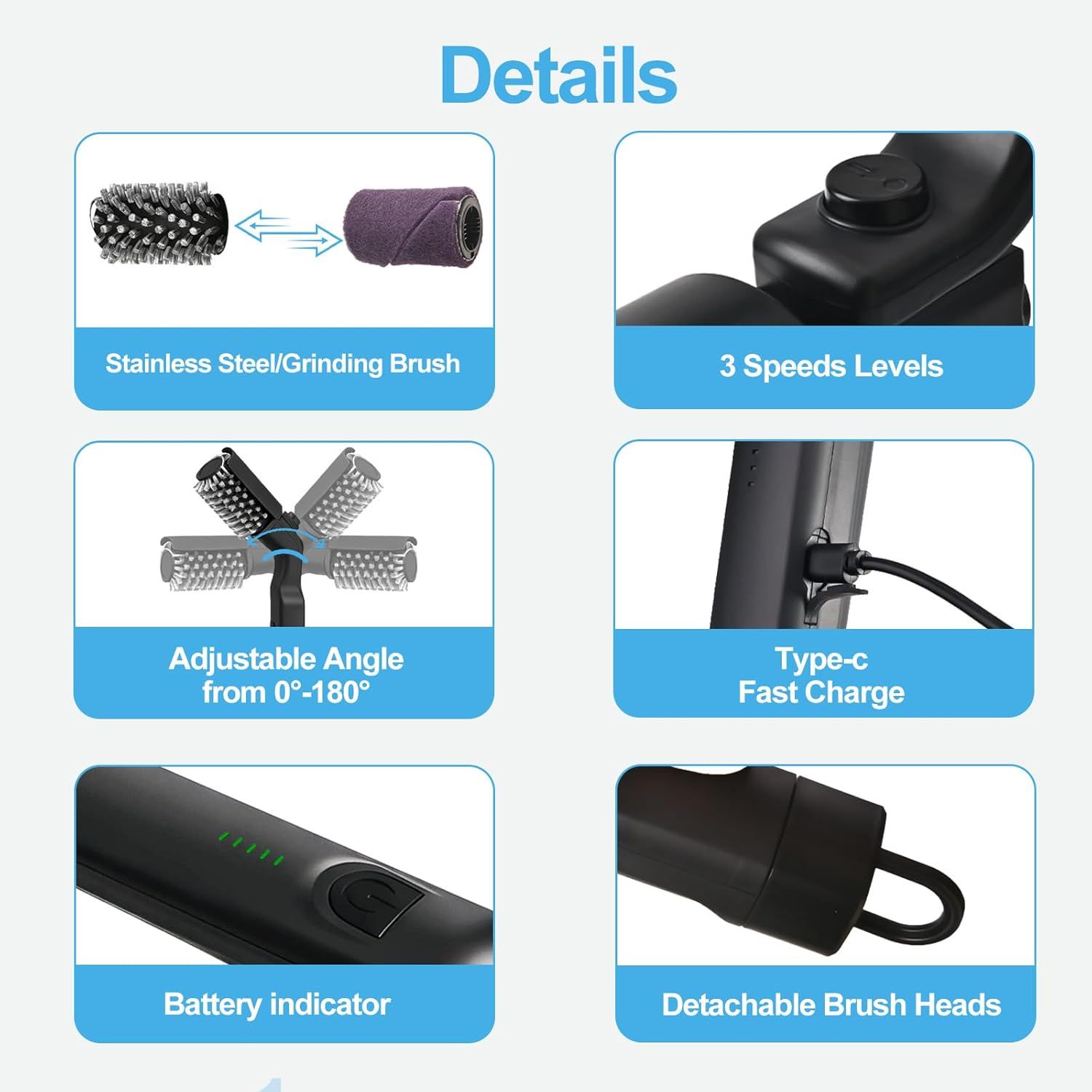 Electric Grill Brush Rechargeable 3-Speed with 180 Degree Adjustable Stainless Steel Head — image 3
