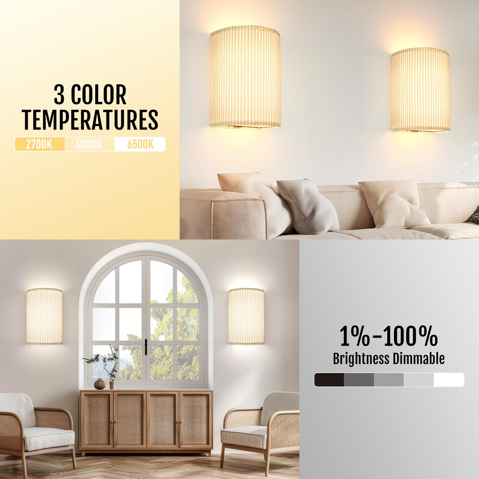 Battery Operated Wall Sconces Set of 2, 5000mAh Rechargeable RGB Wall Lamp with Remote, 3 Colors 10 Levels Brightness Wireless Sconces Wall Decor Set of 2 with โ image 5