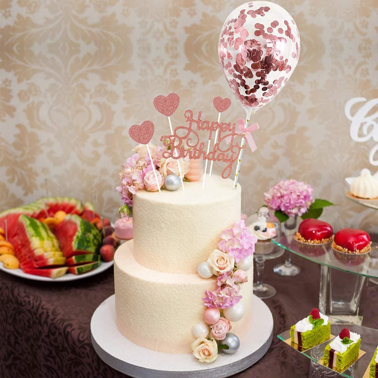 Rose Gold Happy Birthday Toppers, Glitter Star Heart Cupcake Topper with Confetti Balloon Cake Topper for Valentine's — image 3