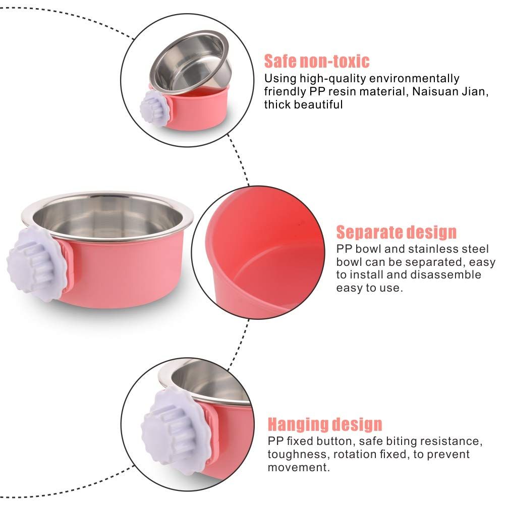 Crate Dog Bowl Removable Stainless Steel Water Food Feeder Bowls Cage Coop Cup for Cat Puppy Bird Pets (Small, Pink) โ image 3