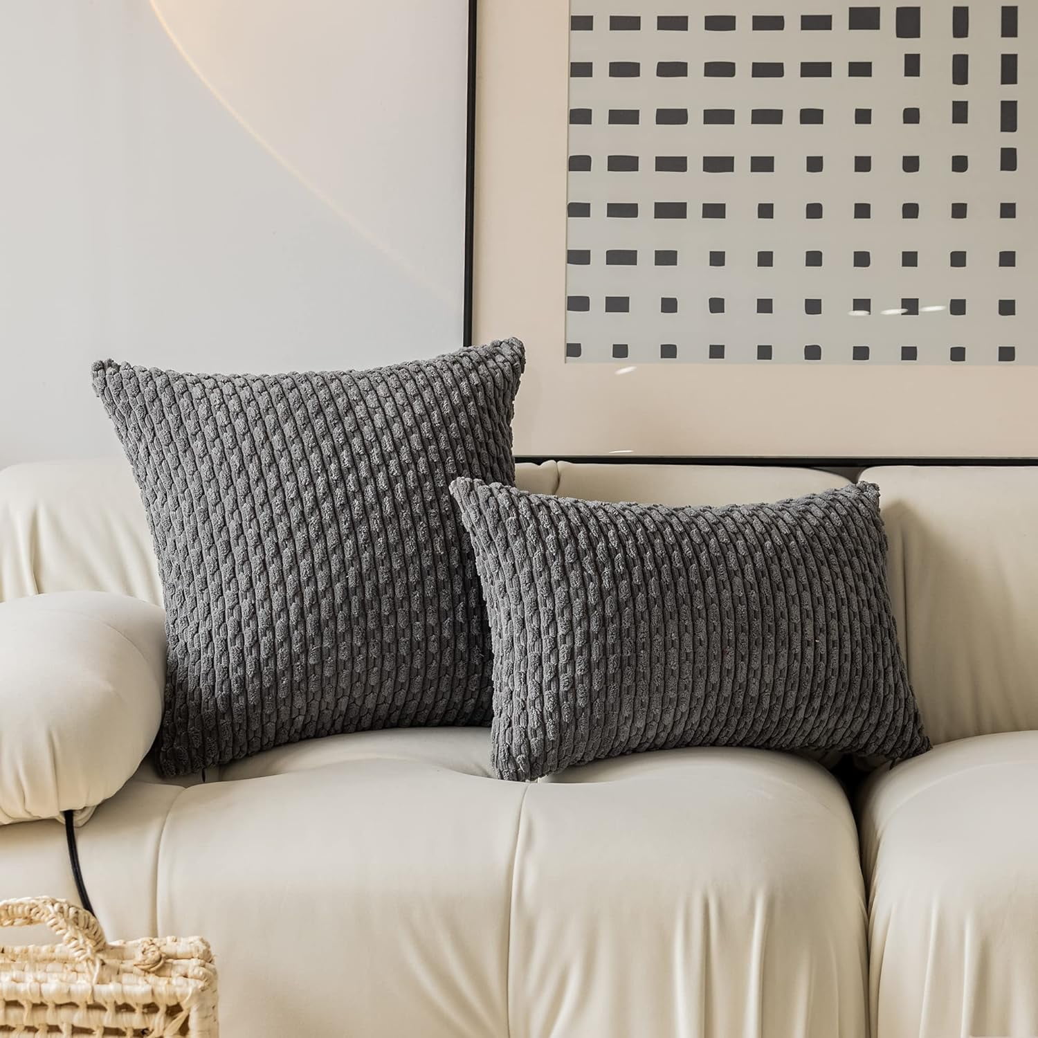 2 Pack Striped Velvet Corduroy Pillow Covers, Decorative Throw Cushion Cases for Couch, Sofa and Bed, 22 x 22-Inch, Dark Grey โ image 4