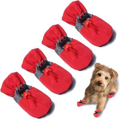 4PCS Dog Boots Paw Protector, Anti-Slip Winter Dog Shoes with Reflective Straps for Small Medium Dogs - Red - Size 7
