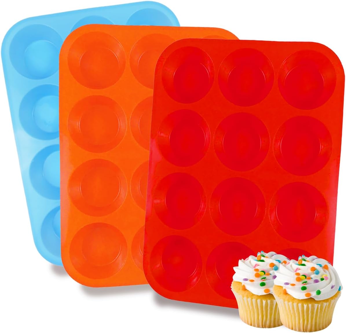 3 Pack Silicone Muffin Pan for Baking, Silicone Cupcake Pan, Muffin Tin 12 Cup Regular Size, Nonstick Silicone Molds Great for Making Muffin Cakes,Bread, Tart