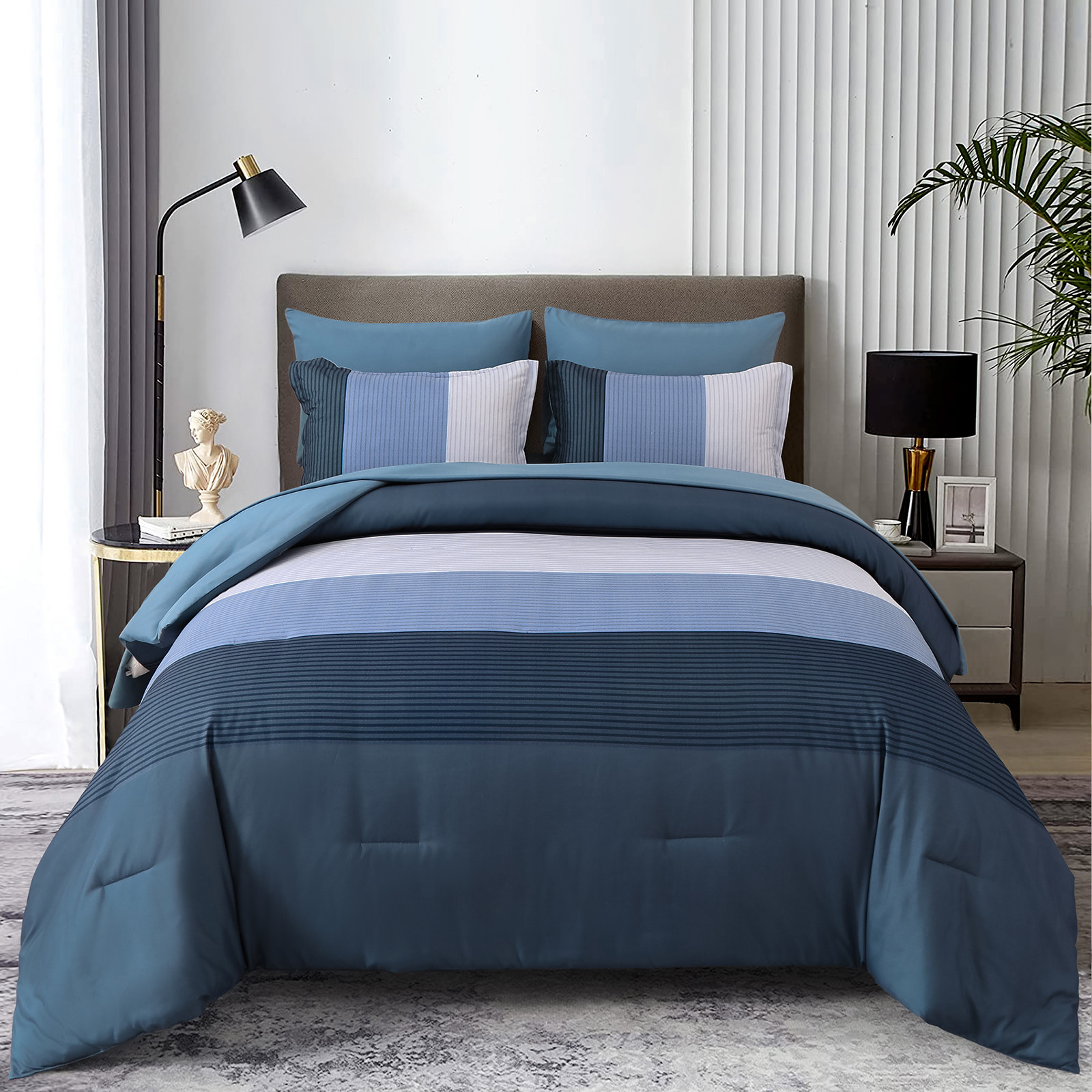 Navy Blue Comforter Set, King Size, Striped 3-Piece Bedding Collection โ image 2