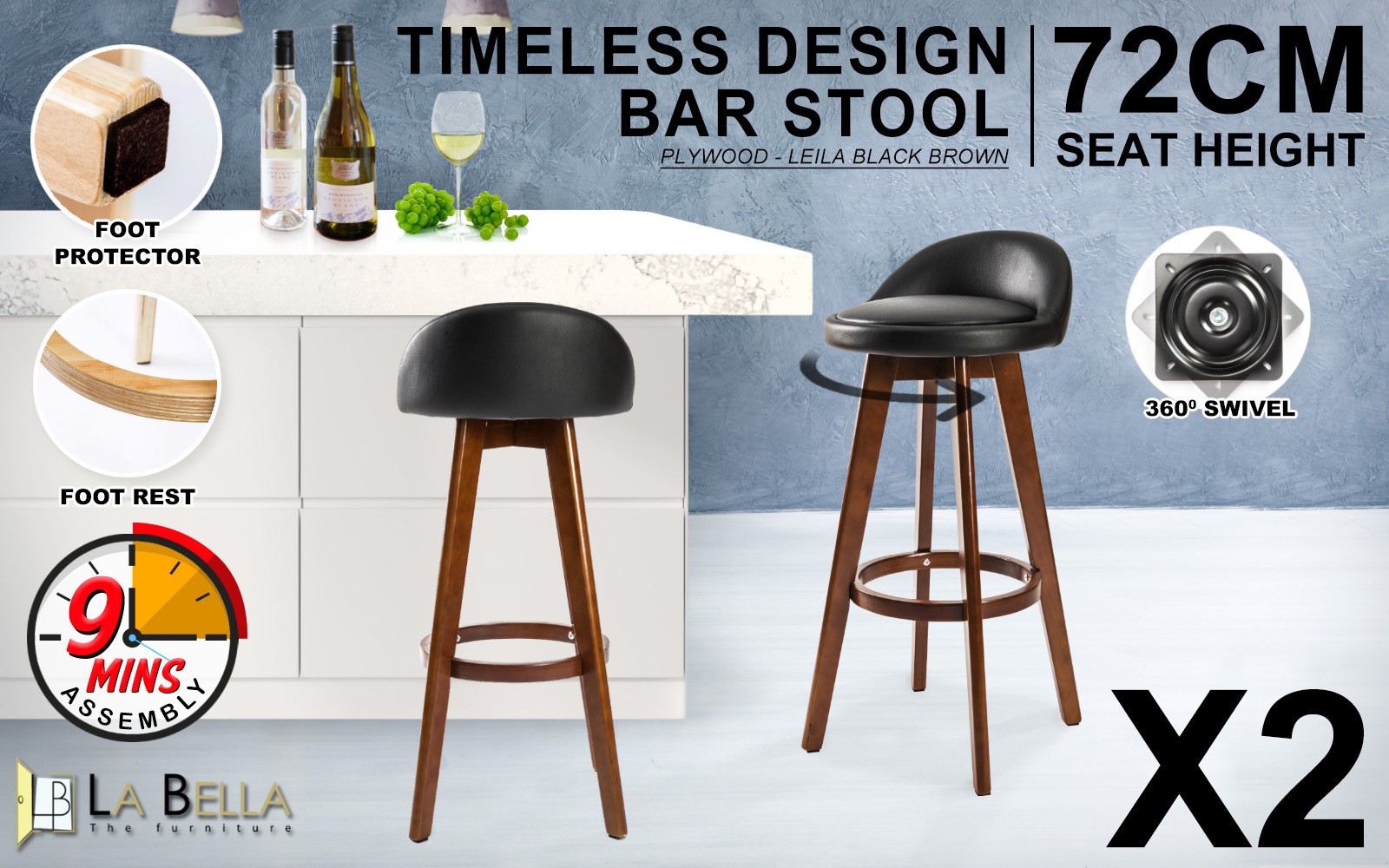 2X Wooden Bar Stool Dining Chair Leather LEILA 72cm BLACK BROWN — image 2