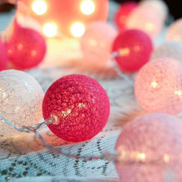 1 Set of 20 LED Pink 5cm Cotton Ball Battery Powered String Lights Christmas Gift Home Wedding Party Girl Bedroom Decoration Outdoor Indoor Table — image 2