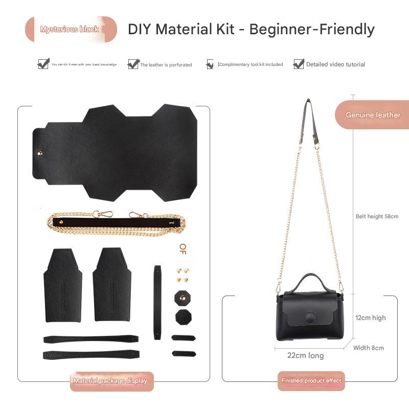 Black Leather Bag DIY Kit โ Geometric Shoulder Bag Making Material Set with Pre-Punched Cowhide, Tools for Hand Stitching