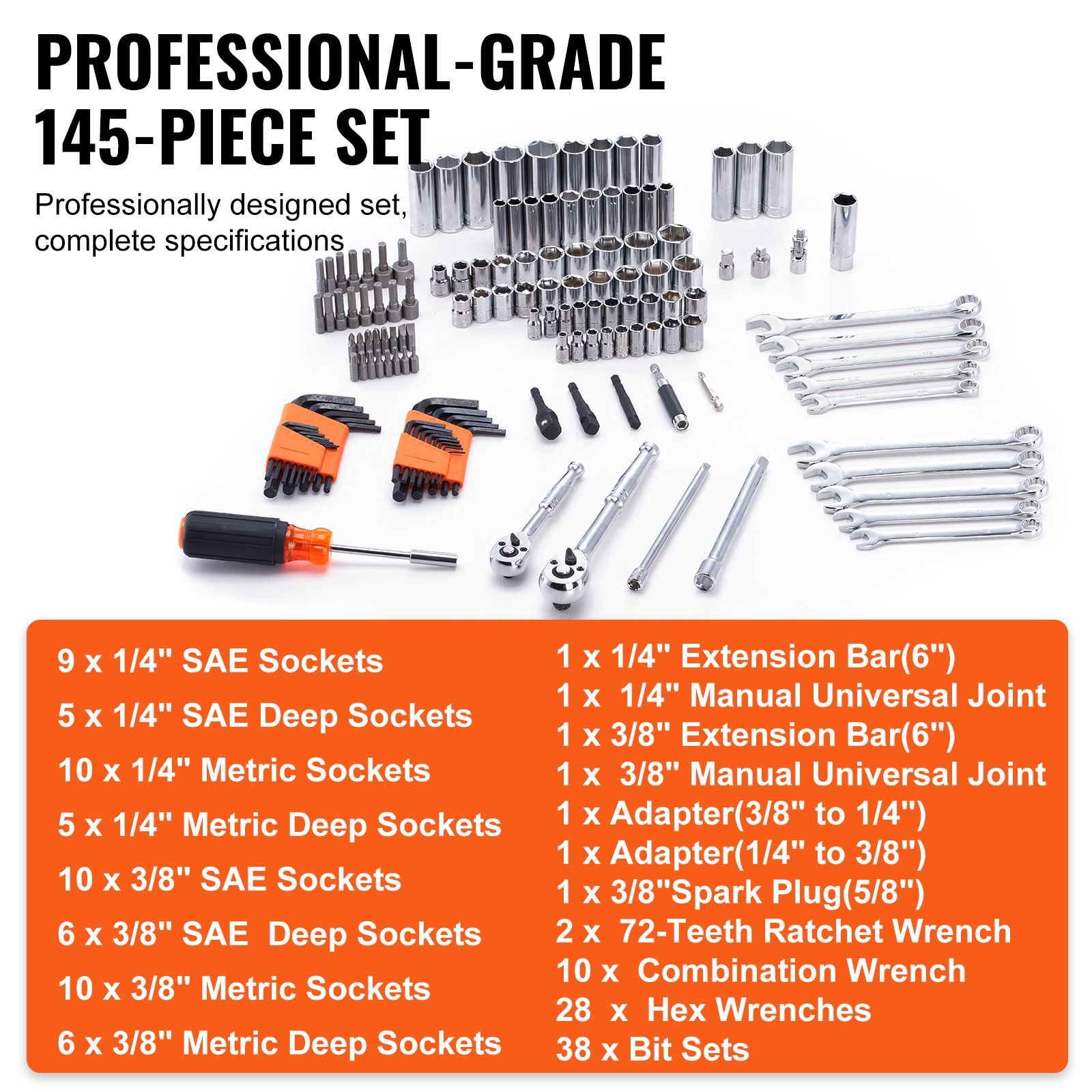 Mechanics Tool Set and Socket Set 1/4in 3/8in Drive 145 Pcs SAE and Metric โ image 3