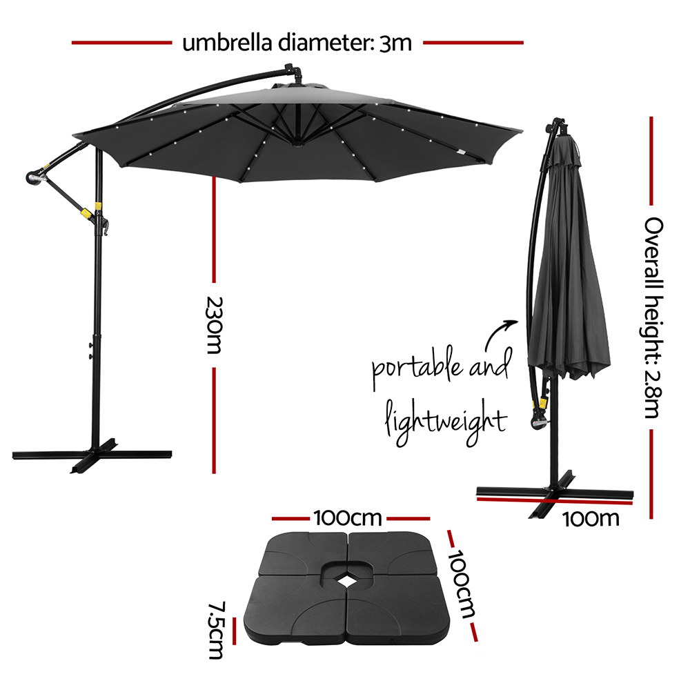 Instahut Outdoor Umbrella 3M Cantilever Beach LED Base Garden Sun Patio Charcoal — image 2