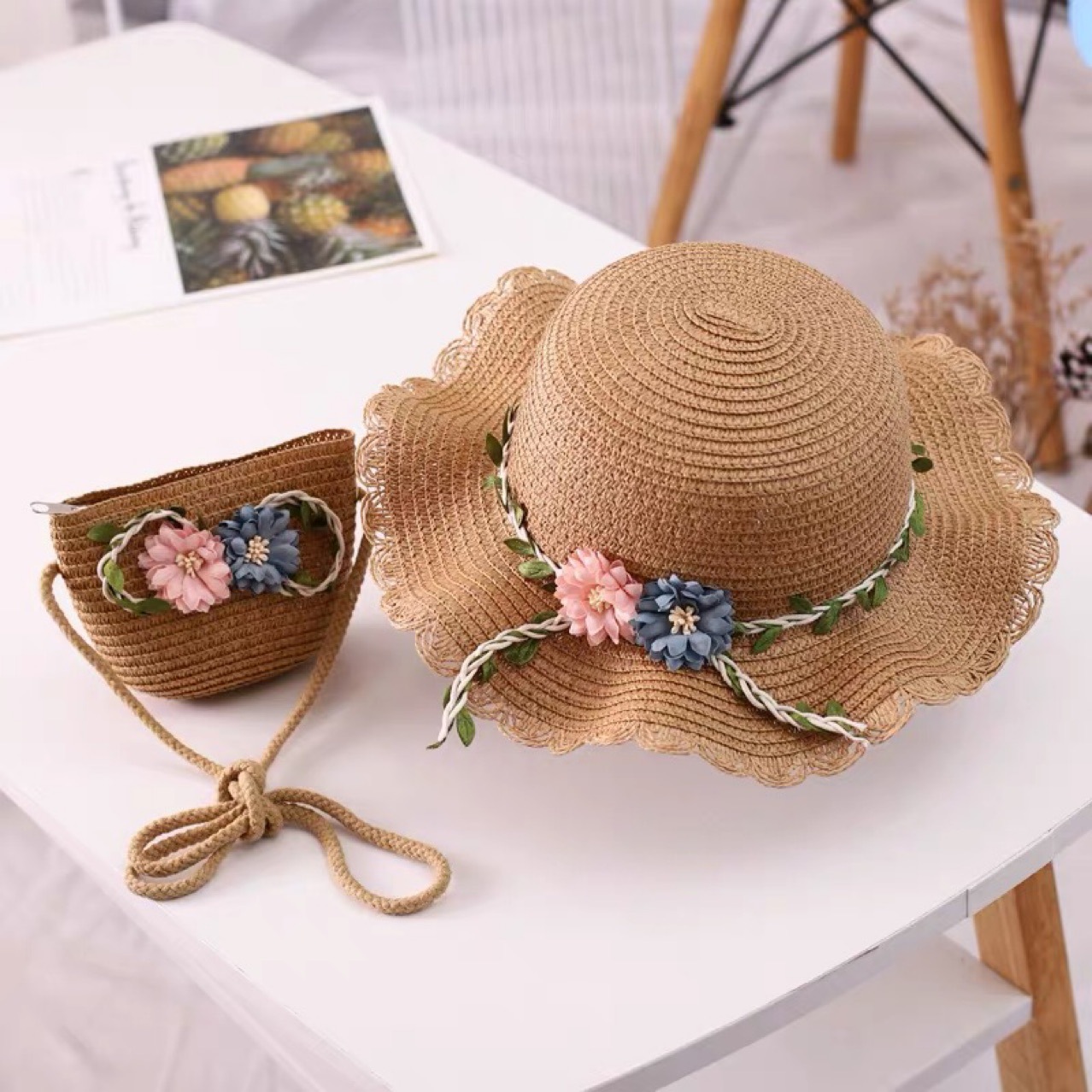 Khaki Girls Summer Princess Straw Hat and Matching Purse Set - Breathable Floral Wide Brim Sun Protection Sun Hat