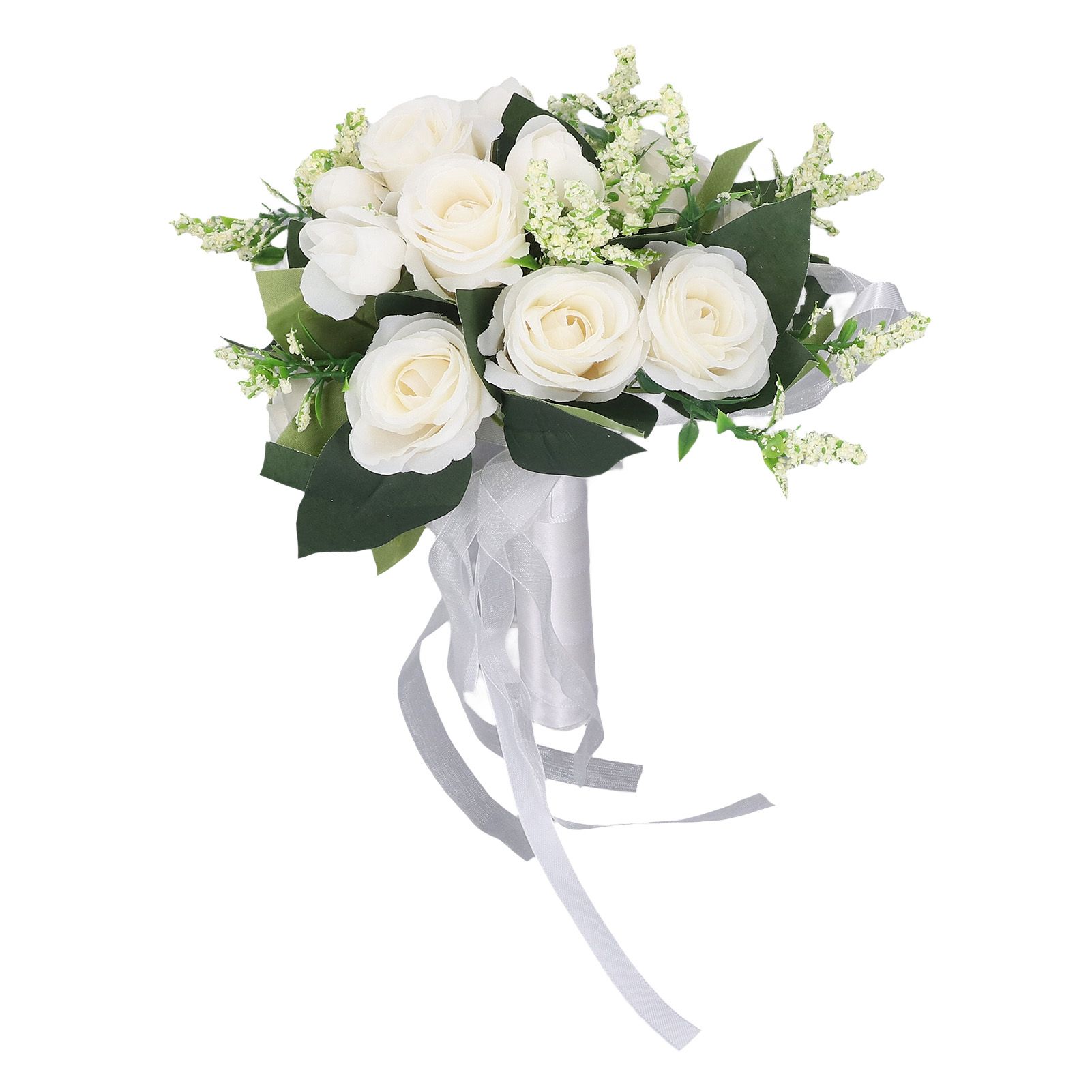 Wedding Bouquet Simulation Artificial Rose Lifelike Green Leaves Modern Elegant Rose for Wedding Church Home Decor Milky White — image 5