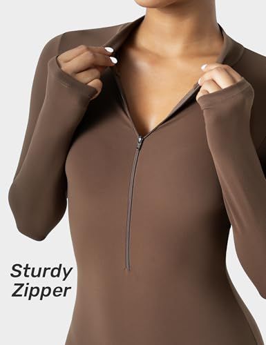 Long-Sleeve Zip-Up Bodycon Jumpsuit for Yoga, Workouts, and Casual Everyday Wear, M (Brown) — image 3