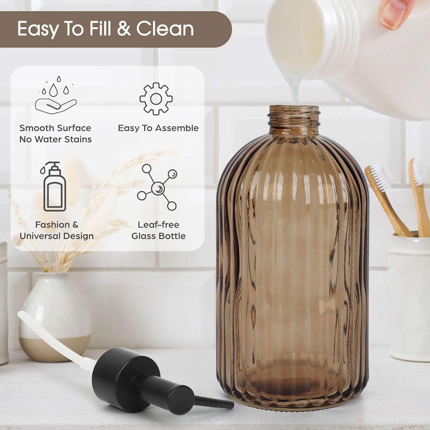 13.5oz Stripe Glass Soap Dispenser with Black Plastic Pump, 400ml Liquid Hand Soap Dispenser, Rustproof Pump for Kitchen & Bathroom, Great for Lotions — image 2