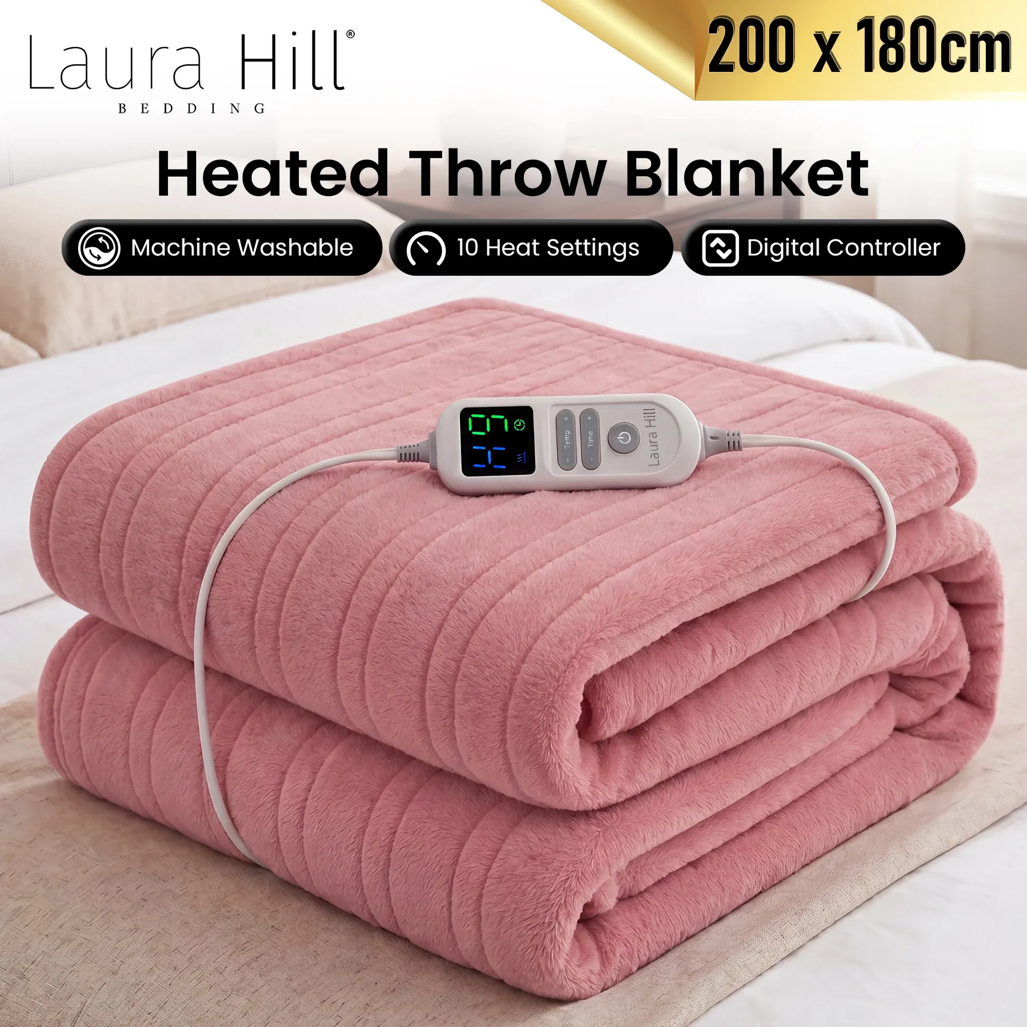Laura Hill Xl Electric Heated Blanket Throw Soft Coral Fleece With 10 Heat Settings - Pink โ image 2
