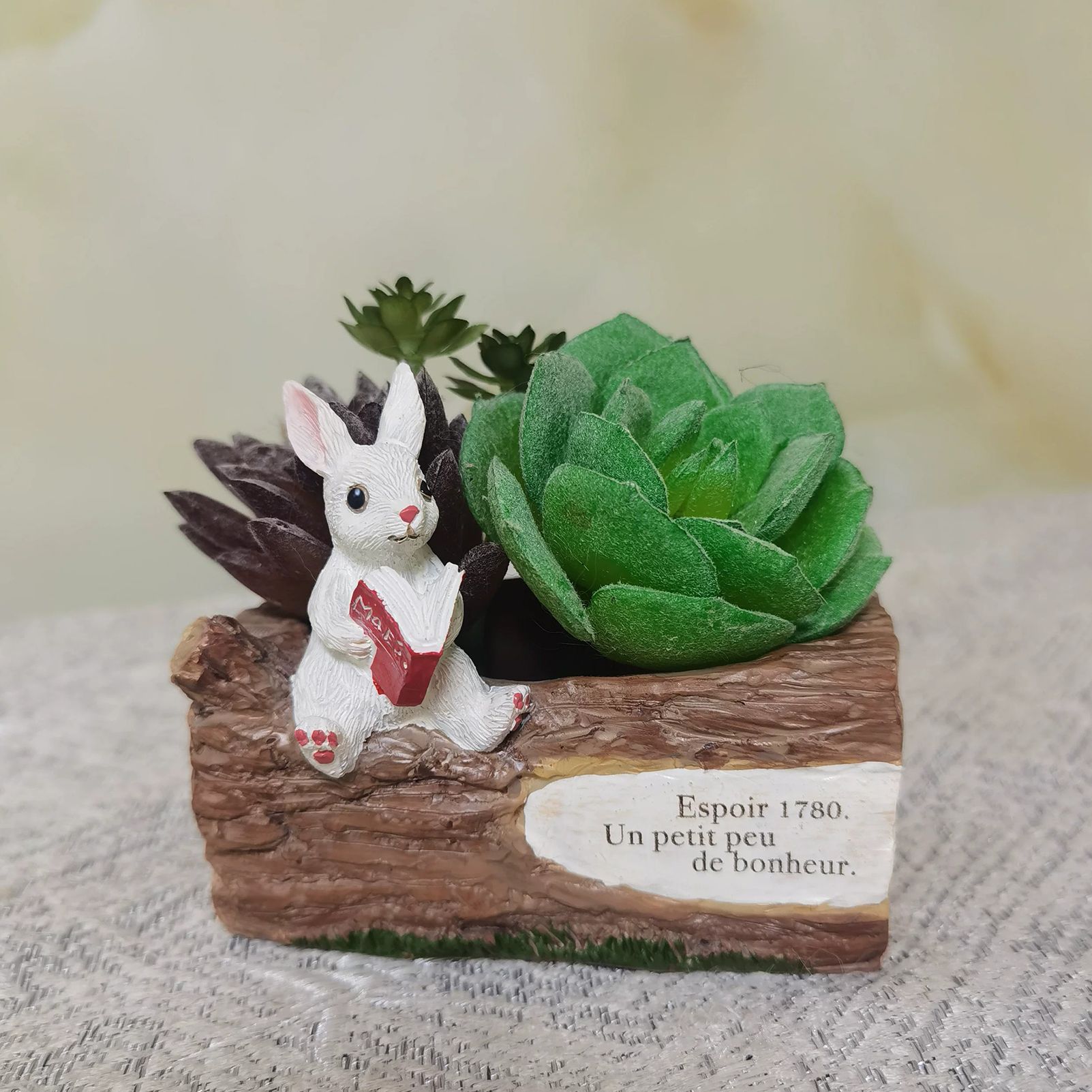 Whimsical Resin Bunny Planter - Cute Rabbit with Book on Tree Stump Design, Mini Succulent Pot for Indoor & Outdoor Garden Decor — image 2