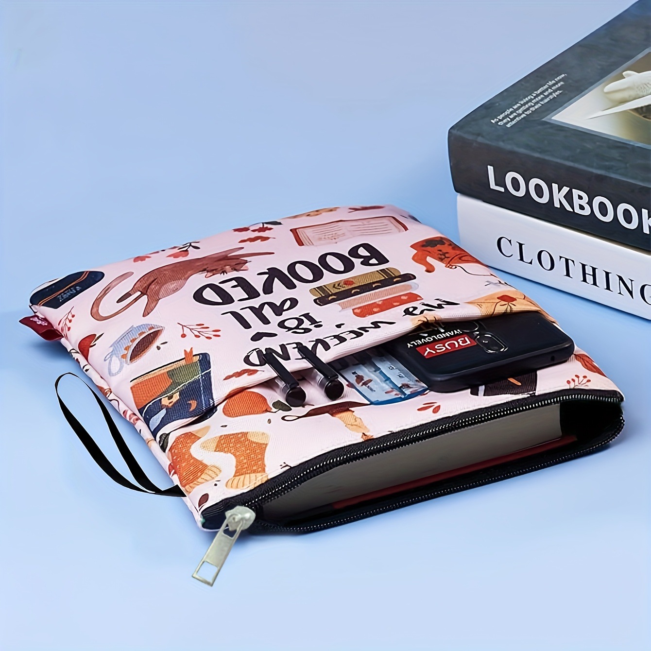 Cat Teacup Zippered Book Sleeve with Printed Design – Waterproof Protective Cover for Books, Ideal for Readers and Students with Extra Pocket & Carry Strap — image 4